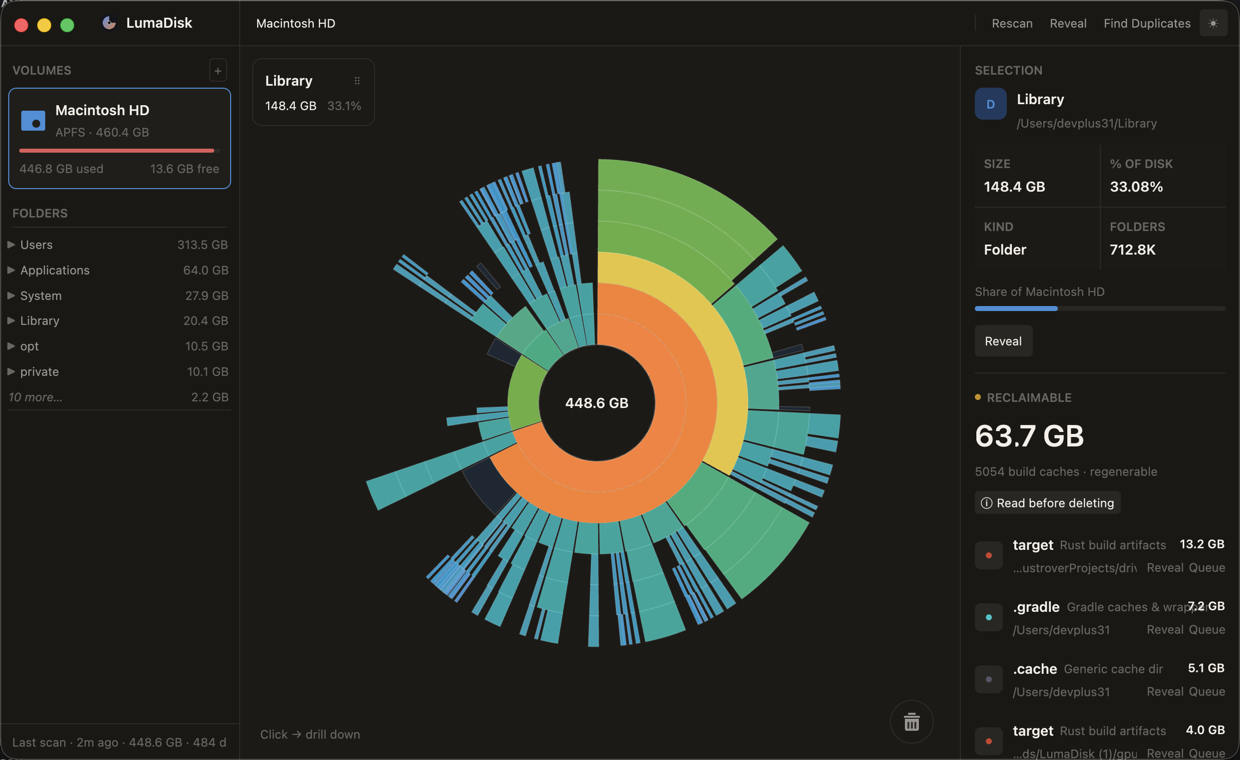 LumaDisk app showing an interactive sunburst map of disk space on a macOS drive